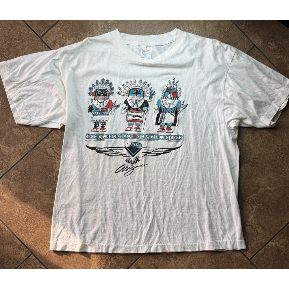 VTG 90s Hanes SS Cotton Arizona T-Shirt Native American Kachina-Style Graphic